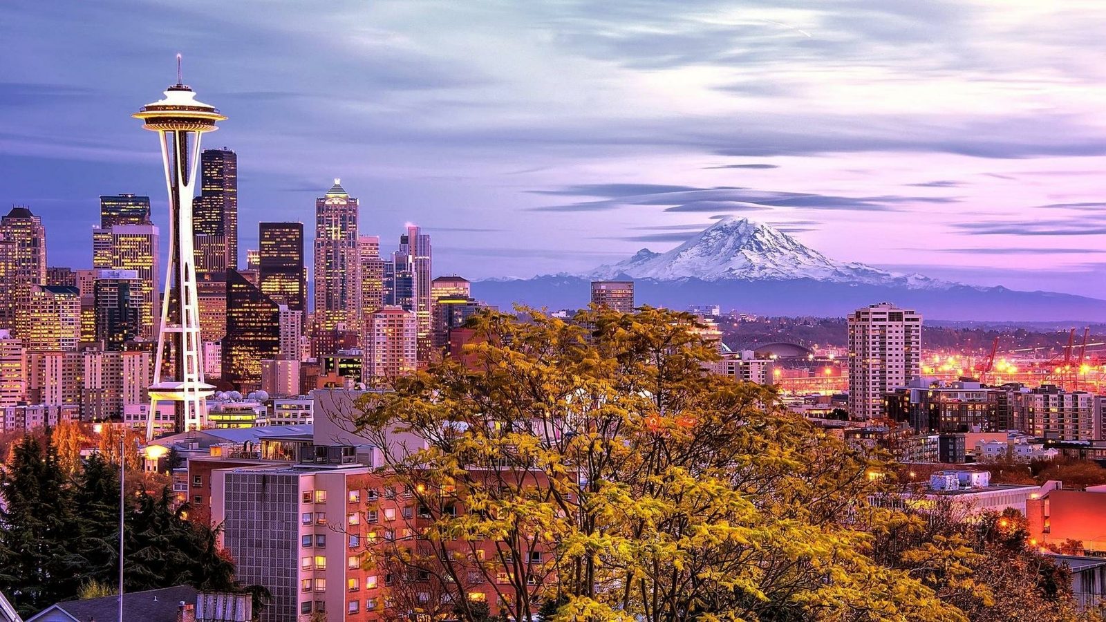 Seattle skyline at dusk with Mt. Rainier and the Space Needle